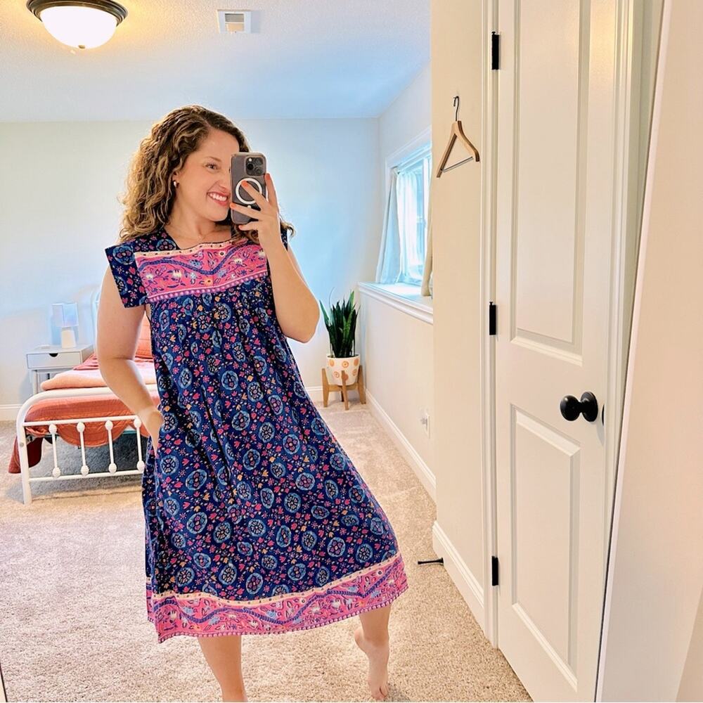 Vintage Blue Pink Cotton Block Printed House Maxi Dress Muumuu Small